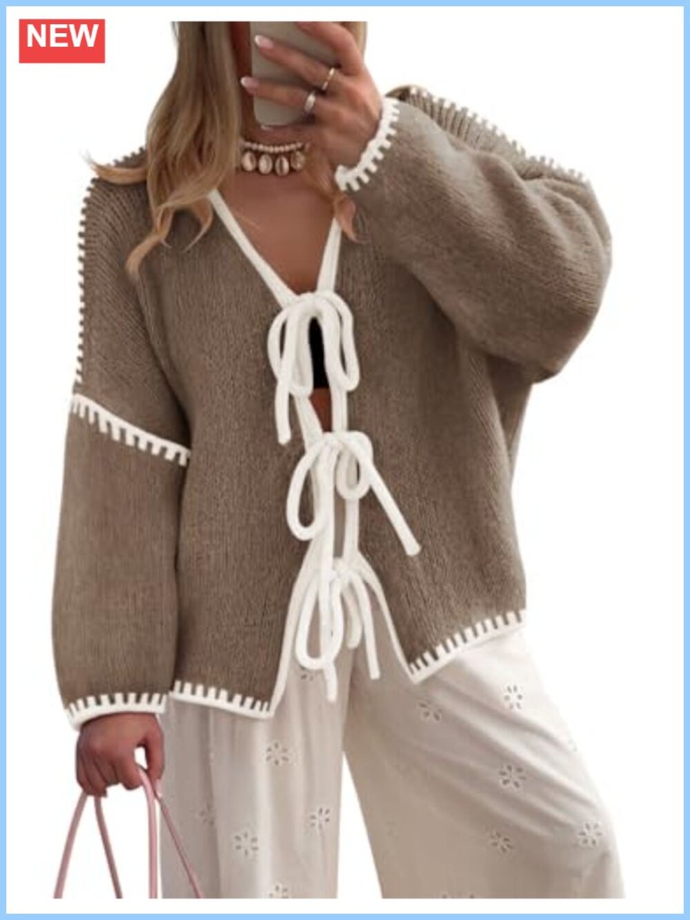 Womens Long Sleeve Tie Front Bow Cardigan Sweater Oversized Knit